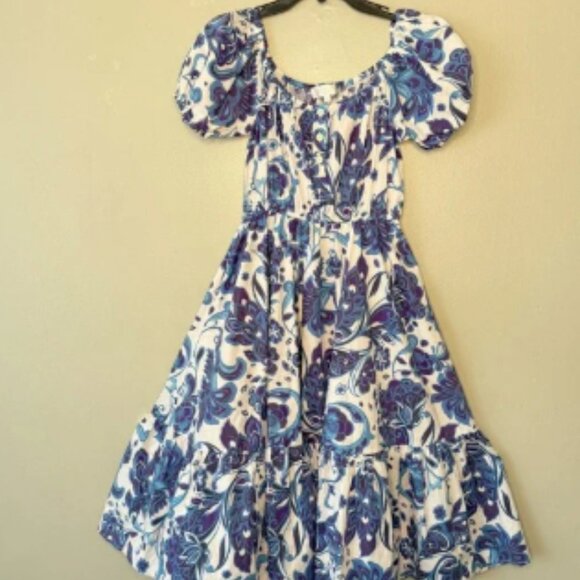 CAROLINE CONSTAS BARDOT MIDI DRESS BLUE GARDEN TOILE SIZE POCKETS SIZE S - Picture 1 of 8